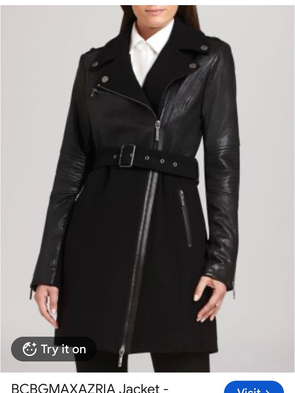 BCBGMaxAzria Black Leather-Sleeve Belted Coat Sz Sm $89 orig. $499